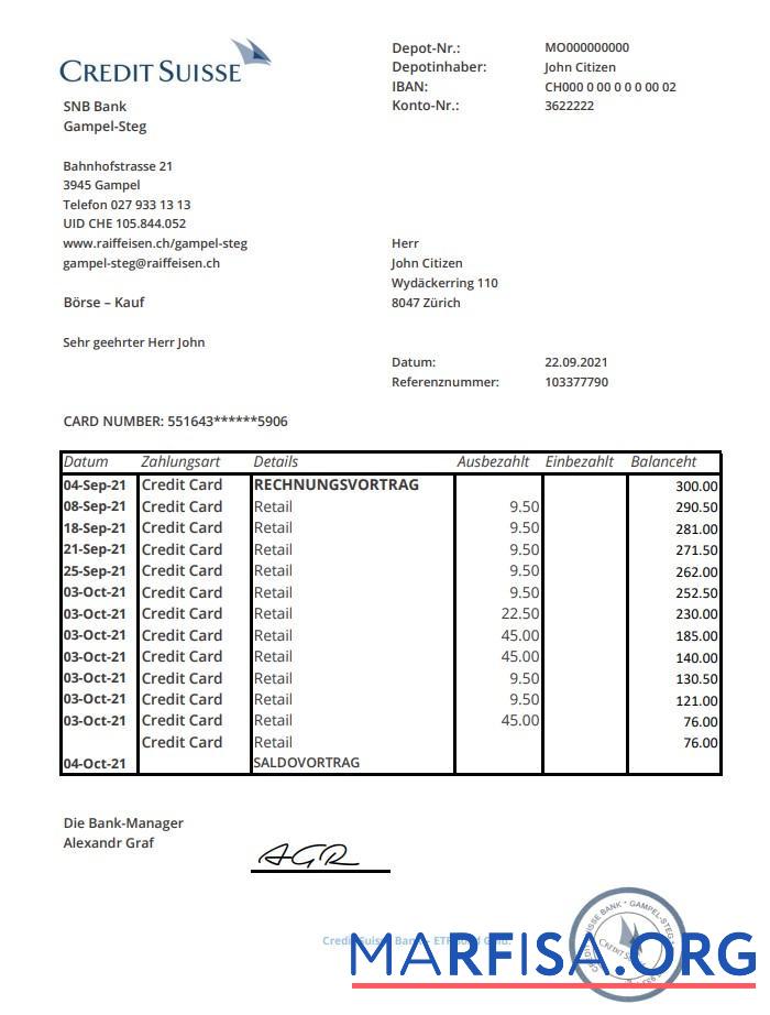 Downloadable Switzerland Credit Suisse bank statement excel example